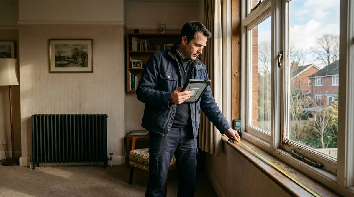 Auditeur énergétique mesurant une fenêtre dans une maison ancienne