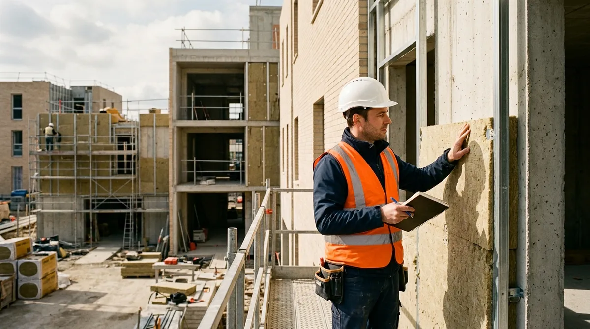 Thermicien vérifiant la pose d'un isolant sur un chantier